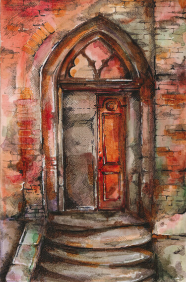 Painting titled "Old door" by Elena Dundukova, Original Artwork, Watercolor