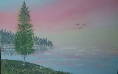 Картина под названием "Рассвет. Озеро." - Елена Егорина, Подлинное произведение искусства, Акрил