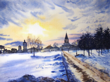 Peinture intitulée "Winter landscape" par Elena Gaivoronskaia, Œuvre d'art originale, Aquarelle