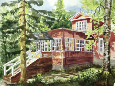 Schilderij getiteld "House in the forest" door Elena Gaivoronskaia, Origineel Kunstwerk, Aquarel