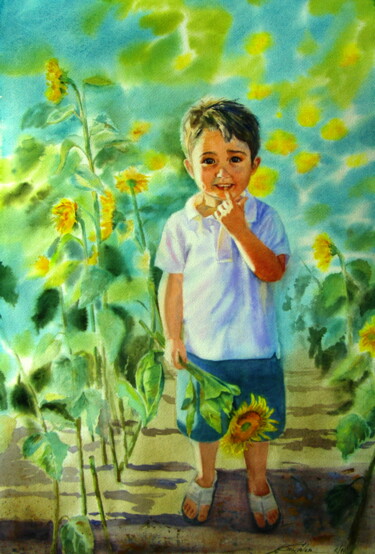 Malerei mit dem Titel "A shy boy" von Elena Gaivoronskaia, Original-Kunstwerk, Aquarell