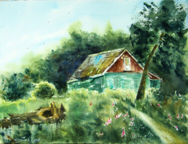 Painting titled "Green wobbly house" by Elena Gaivoronskaia, Original Artwork, Watercolor