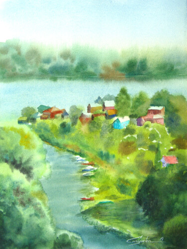 Painting titled "View of the Volga r…" by Elena Gaivoronskaia, Original Artwork, Watercolor