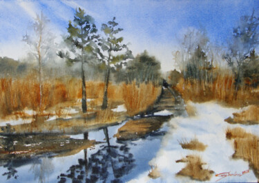 Pintura intitulada "Winter out of town" por Elena Gaivoronskaia, Obras de arte originais, Aquarela