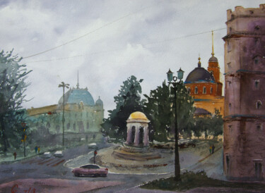 Pintura titulada "City scene before r…" por Elena Gaivoronskaia, Obra de arte original, Acuarela