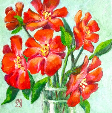 Pintura titulada "Red roses in vase F…" por Elena Ivanova, Obra de arte original, Oleo Montado en Bastidor de camilla de mad…