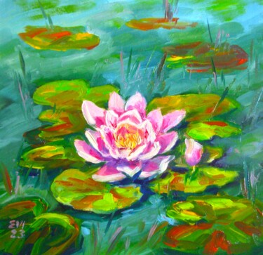 Painting titled "Water-lily Floral O…" by Elena Ivanova, Original Artwork, Oil Mounted on Cardboard