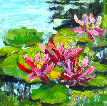 Painting titled "Water-lily Floral O…" by Elena Ivanova, Original Artwork, Oil Mounted on Cardboard