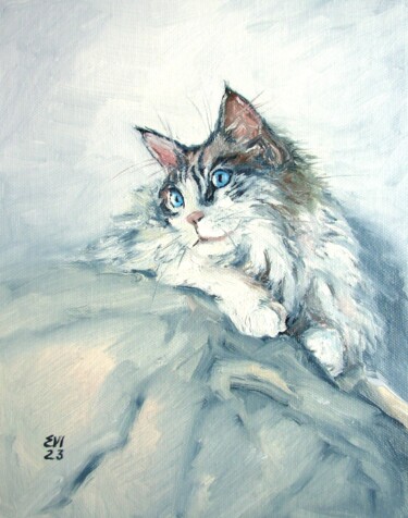 Painting titled "Fluffy cat Animal O…" by Elena Ivanova, Original Artwork, Oil
