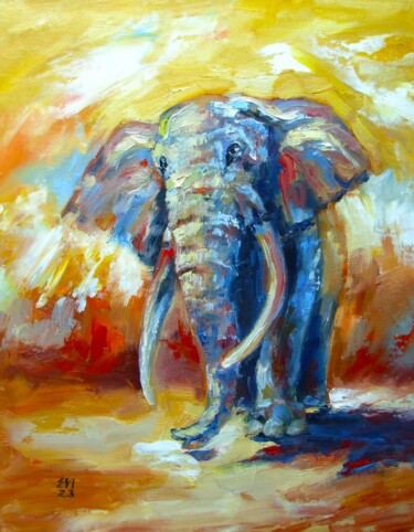 Painting titled "Elephant Animal Ori…" by Elena Ivanova, Original Artwork, Oil