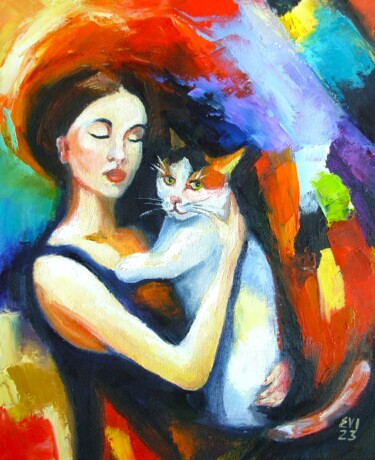Malerei mit dem Titel "Girl with cat Portr…" von Elena Ivanova, Original-Kunstwerk, Öl Auf Karton montiert