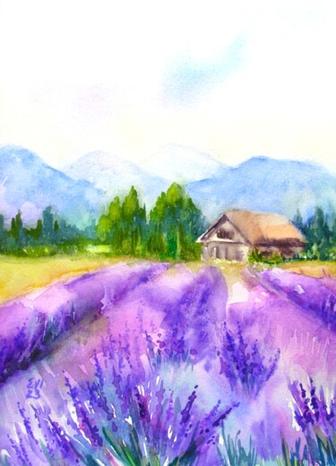 Картина под названием "Lavender field Land…" - Elena Ivanova, Подлинное произведение искусства, Акварель