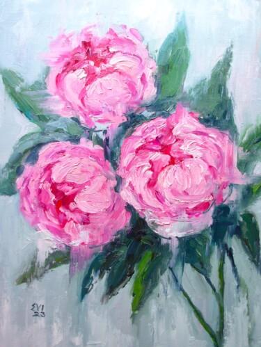 Painting titled "Pink peonies Flower…" by Elena Ivanova, Original Artwork, Oil Mounted on Cardboard
