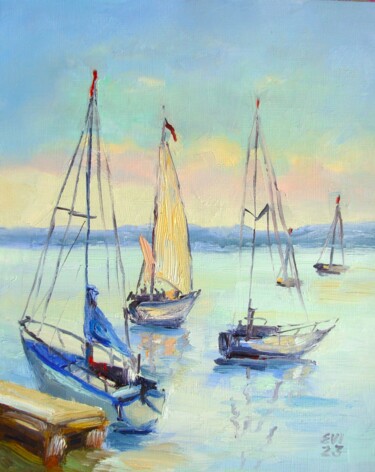 Peinture intitulée "Yachts Seascape Fra…" par Elena Ivanova, Œuvre d'art originale, Huile