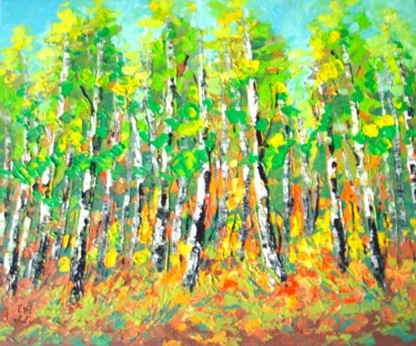 Peinture intitulée "Birch trees Landsca…" par Elena Ivanova, Œuvre d'art originale, Acrylique Monté sur Châssis en bois