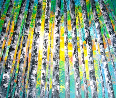 Painting titled "Sunlight Birch tree…" by Elena Ivanova, Original Artwork, Acrylic Mounted on Wood Stretcher frame