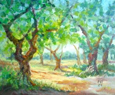 Painting titled "Olive grove Landsca…" by Elena Ivanova, Original Artwork, Oil Mounted on Cardboard