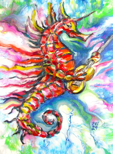 Painting titled "Sea-horse Original…" by Elena Ivanova, Original Artwork, Oil Mounted on Wood Stretcher frame