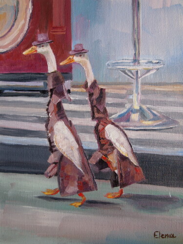 Painting titled "Ducks in costume" by Elena Kondrateva, Original Artwork, Oil