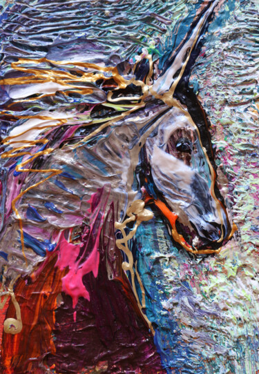 Painting titled "Unicorn Rising" by Elena Kotliarker, Original Artwork, Acrylic Mounted on Cardboard