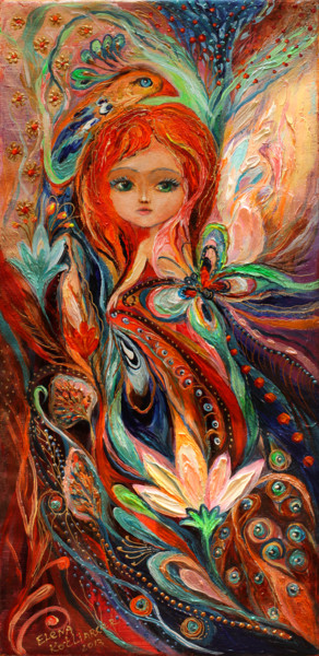 Painting titled "My fiery fairy Gwen…" by Elena Kotliarker, Original Artwork, Acrylic Mounted on Wood Stretcher frame