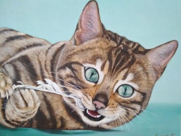 Painting titled "Mischievous cat" by Elena Kozyutenko, Original Artwork, Oil