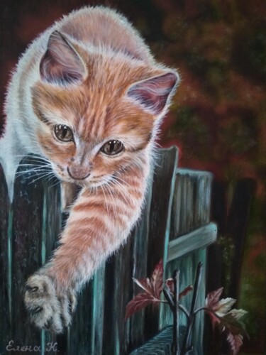 제목이 "Ginger cat on the f…"인 미술작품 Elena Kozyutenko로, 원작, 기름 나무 들것 프레임에 장착됨