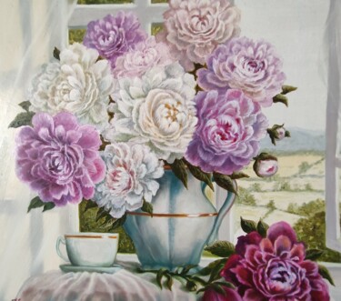 Peinture intitulée "Bouquet of peonies…" par Elena Kozyutenko, Œuvre d'art originale, Huile