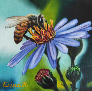 Schilderij getiteld "Bee on a lilac flow…" door Elena Kozyutenko, Origineel Kunstwerk, Olie Gemonteerd op Karton