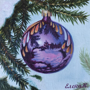 Pintura titulada "New year purple ball" por Elena Kozyutenko, Obra de arte original, Oleo Montado en Cartulina