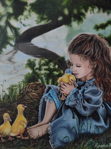 绘画 标题为“Girl with ducklings” 由Elena Kozyutenko, 原创艺术品, 油 安装在纸板上