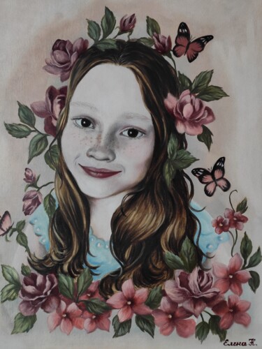Painting titled "Portrait of a girl.…" by Elena Kozyutenko, Original Artwork, Oil Mounted on Wood Stretcher frame