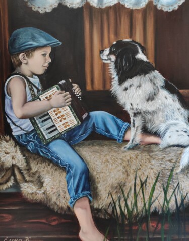 Painting titled "Let's sing, my frie…" by Elena Kozyutenko, Original Artwork, Oil Mounted on Wood Stretcher frame