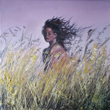 Malerei mit dem Titel ""Purple  wind" 20×2…" von Elena Kraft, Original-Kunstwerk, Öl Auf Keilrahmen aus Holz montiert