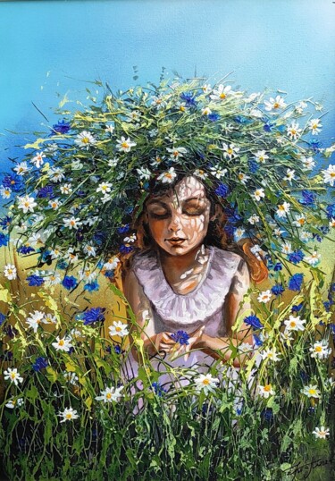 Peinture intitulée ""Summer in a wreath"" par Elena Kraft, Œuvre d'art originale, Acrylique Monté sur Châssis en bois