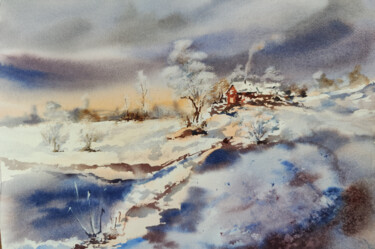 Peinture intitulée ""WINTER EVENING"" par Elena Krivoruchenko, Œuvre d'art originale, Aquarelle