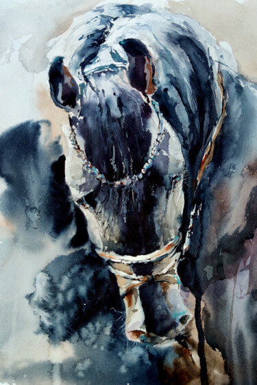 Painting titled ""BLACK HORSE"" by Elena Krivoruchenko, Original Artwork, Watercolor