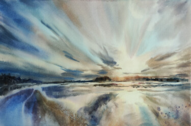Painting titled ""SUNSET ON THE RIVE…" by Elena Krivoruchenko, Original Artwork, Watercolor