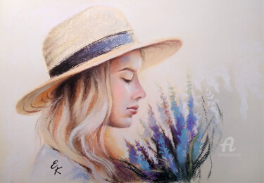 Painting titled "Portrait with a hat" by Elena Kurnosova, Original Artwork, Pastel