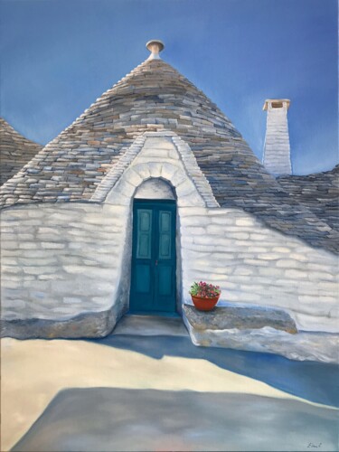 Painting titled "Trullo Alberobello…" by Elena Kurochko, Original Artwork, Oil Mounted on Wood Stretcher frame