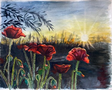 Painting titled "Poppies at Sunset.…" by Elena Lechic, Original Artwork, Watercolor