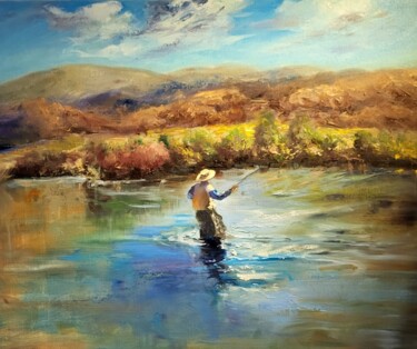 Painting titled "Fishing in Patagonia" by Elena Mardashova, Original Artwork, Oil