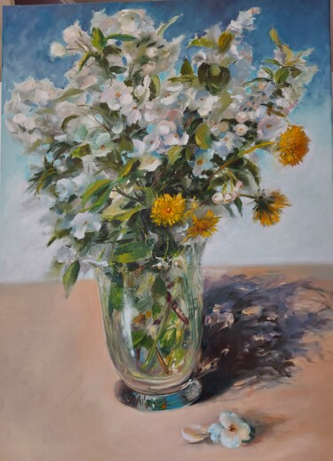 Painting titled "Spring dandelions" by Elena Mardashova, Original Artwork, Oil