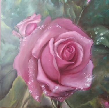 Schilderij getiteld "Rose in dew" door Elena Mardashova, Origineel Kunstwerk, Olie