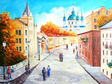 Painting titled "Андреевский спуск" by Elena Markcheva, Original Artwork, Oil Mounted on Wood Stretcher frame