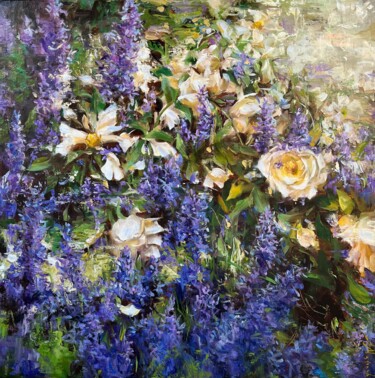 Painting titled "ROSES AND LAVENDER…" by Elena Mashajeva-Agraphiotis, Original Artwork, Oil Mounted on Wood Stretcher frame