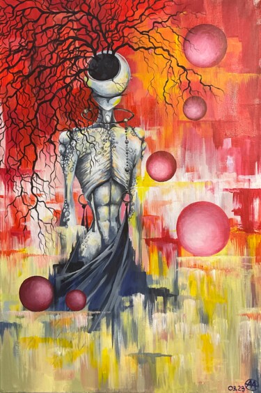 Schilderij getiteld "Alien in red" door Elena Mi, Origineel Kunstwerk, Acryl Gemonteerd op Frame voor houten brancard