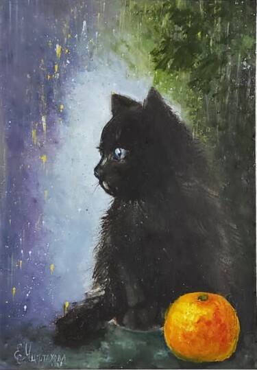 Malarstwo zatytułowany „Black Cat Painting…” autorstwa Elena Miftakhova, Oryginalna praca, Olej