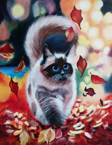 Malarstwo zatytułowany „Cat in autumn” autorstwa Elena Mironova, Oryginalna praca, Olej Zamontowany na Drewniana rama noszy