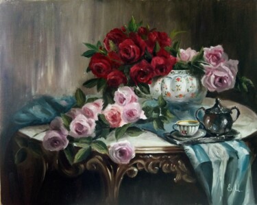 Malerei mit dem Titel "Натюрморт с розами" von Elena Moiseenko, Original-Kunstwerk, Öl